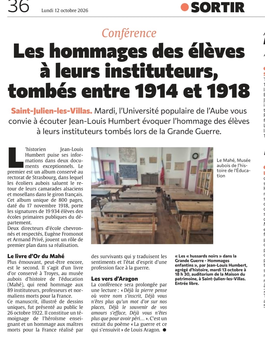 Les hommages des élèves à leurs instituteurs, tombés en 1914-1918